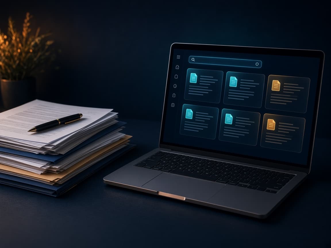 Documents next to a laptop with knowledge-base search