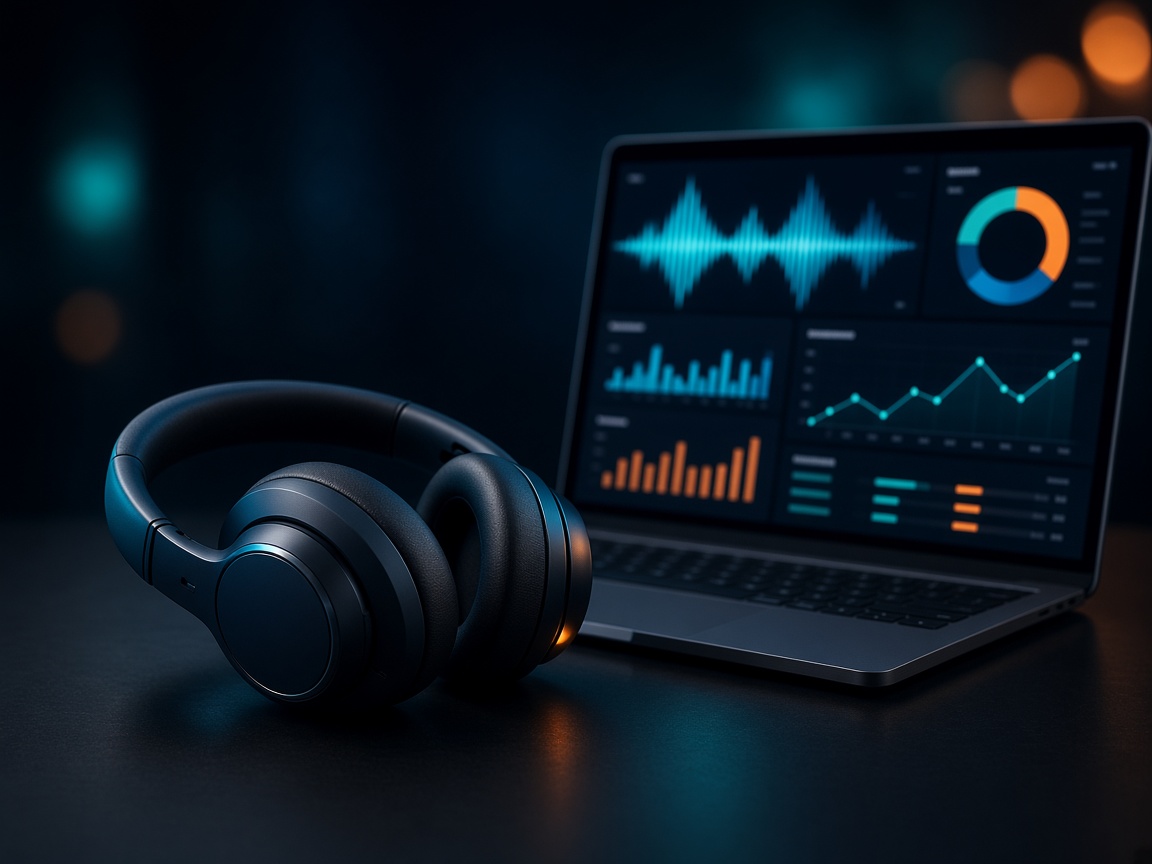 Headset and a laptop with a speech-analytics dashboard